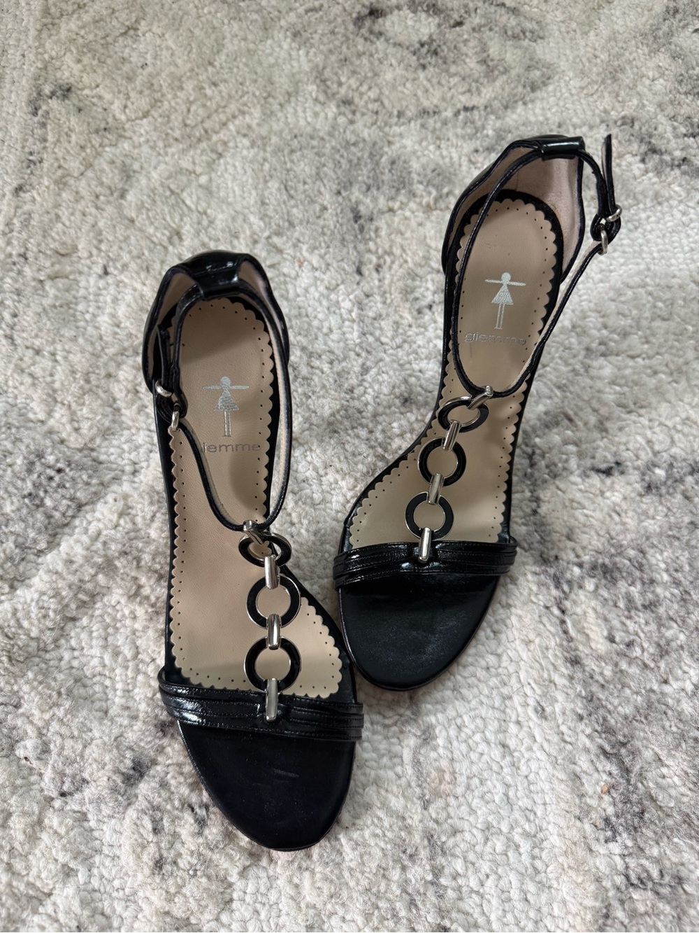 Black T-Strap Heels with Linked Ring Accent by